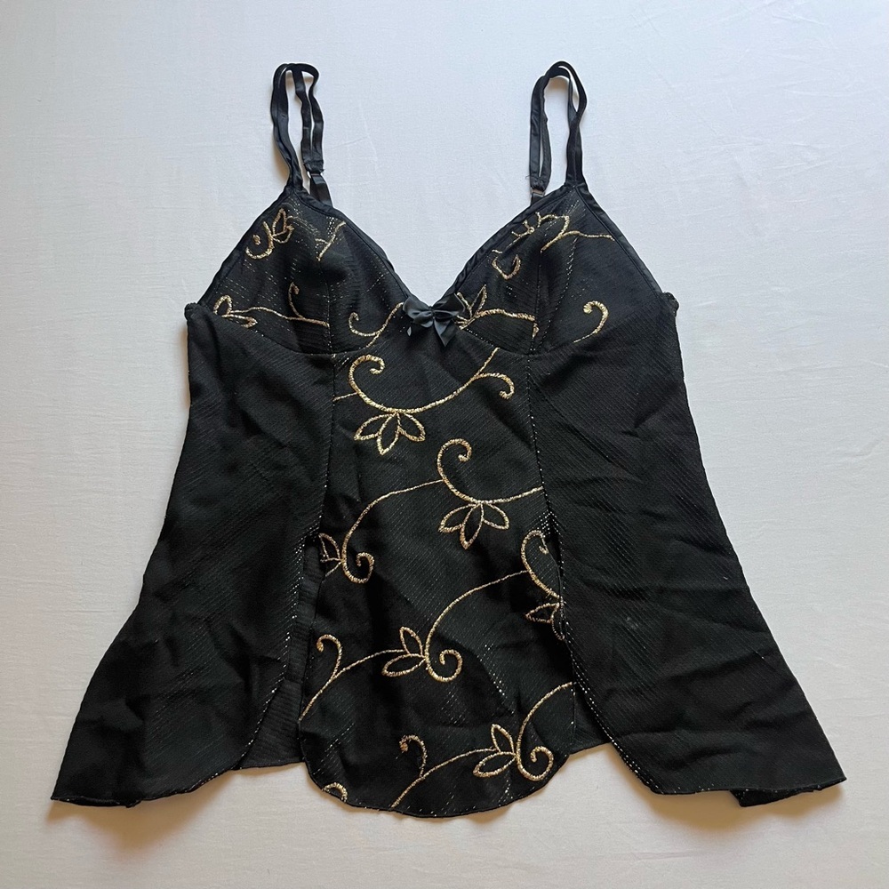 FREDERICK’S OF HOLLYWOOD black gold metallic embroidered floral cami tank top